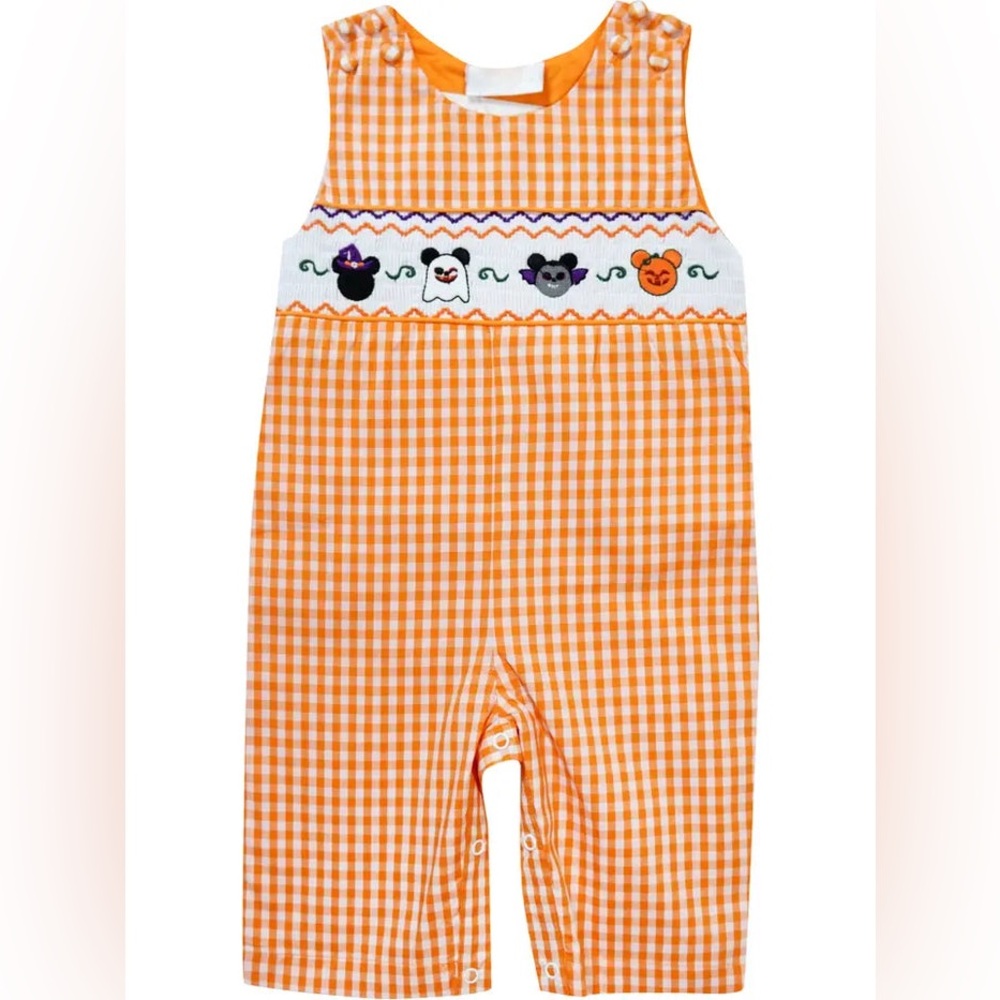 Baby boy smocked mickey jack-o-lantern halloween gingham jonjon longall